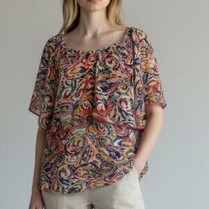 Atina Cristina Sheer Flounce Top Womens Medium/Large Multicolor Paisley Colorful